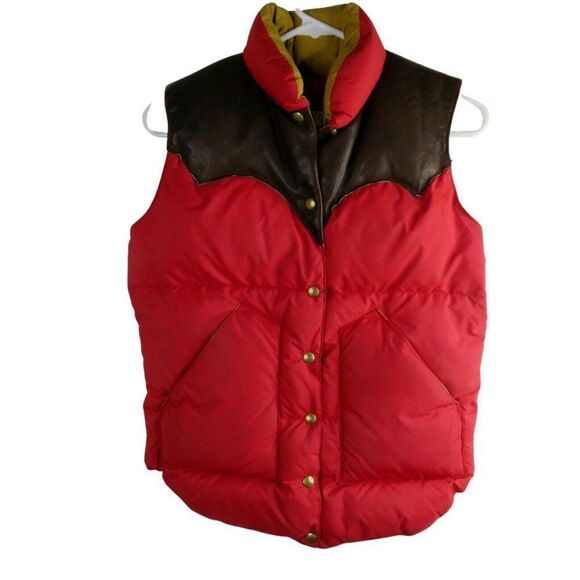 Vintage Rocky Mountain Featherbed Down Vest Size 5/6 Red Brown Leather 1970s
